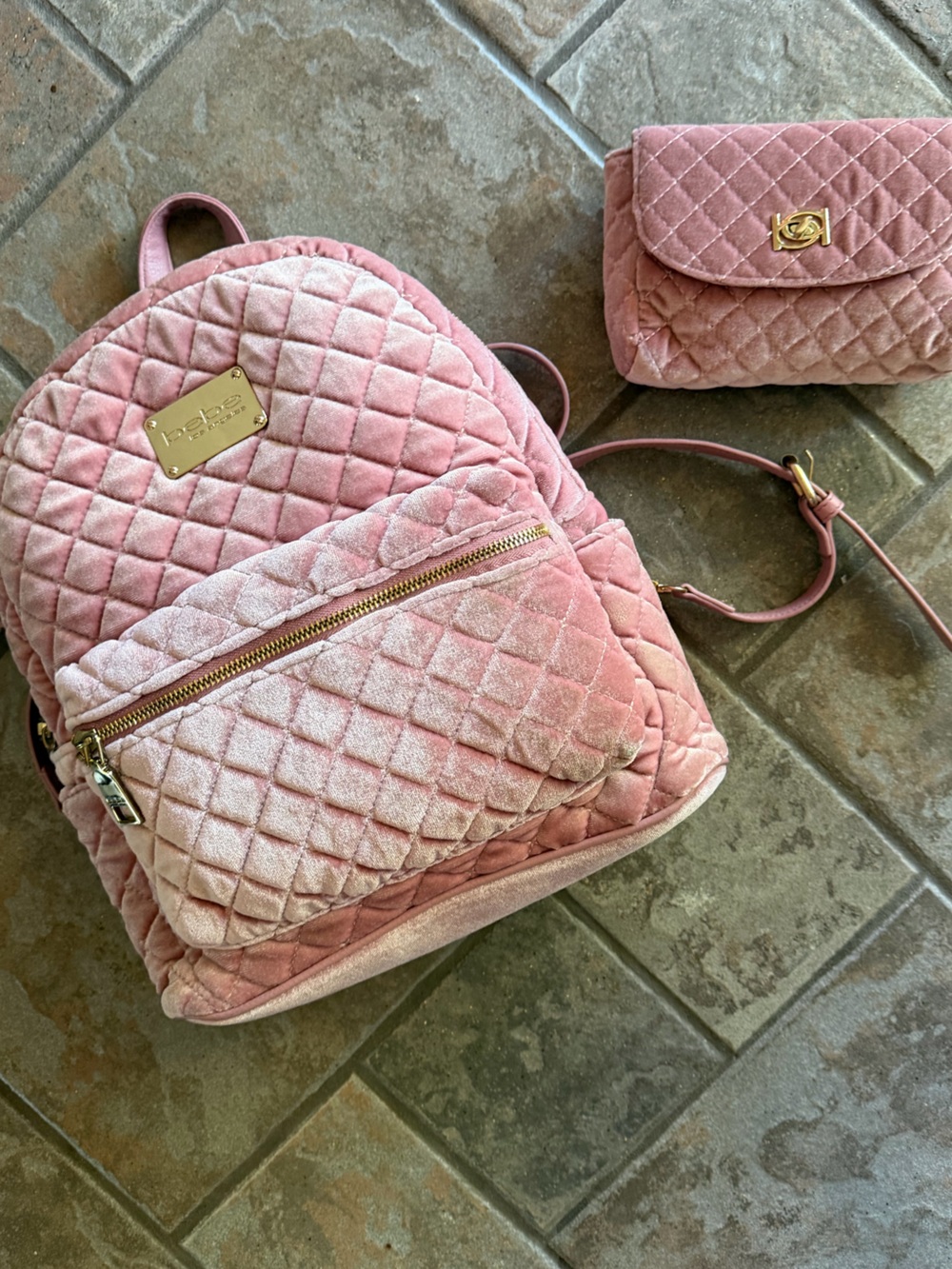 BEBE Set of 2 “Maria” Large Diamond Quilted Velvet Backpack and Clutch VGUC